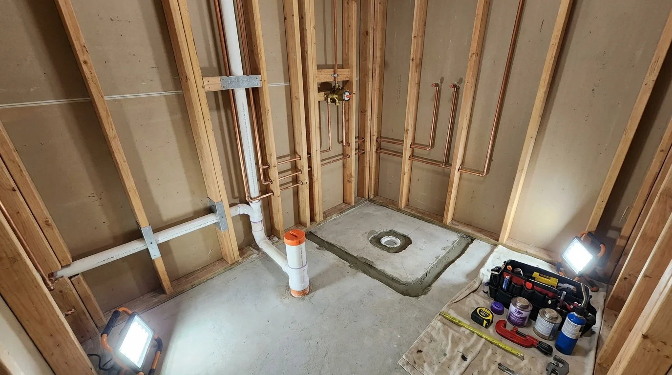 Bathroom rough-in plumbing during remodel by Johns Plumbing LLC in West Newton