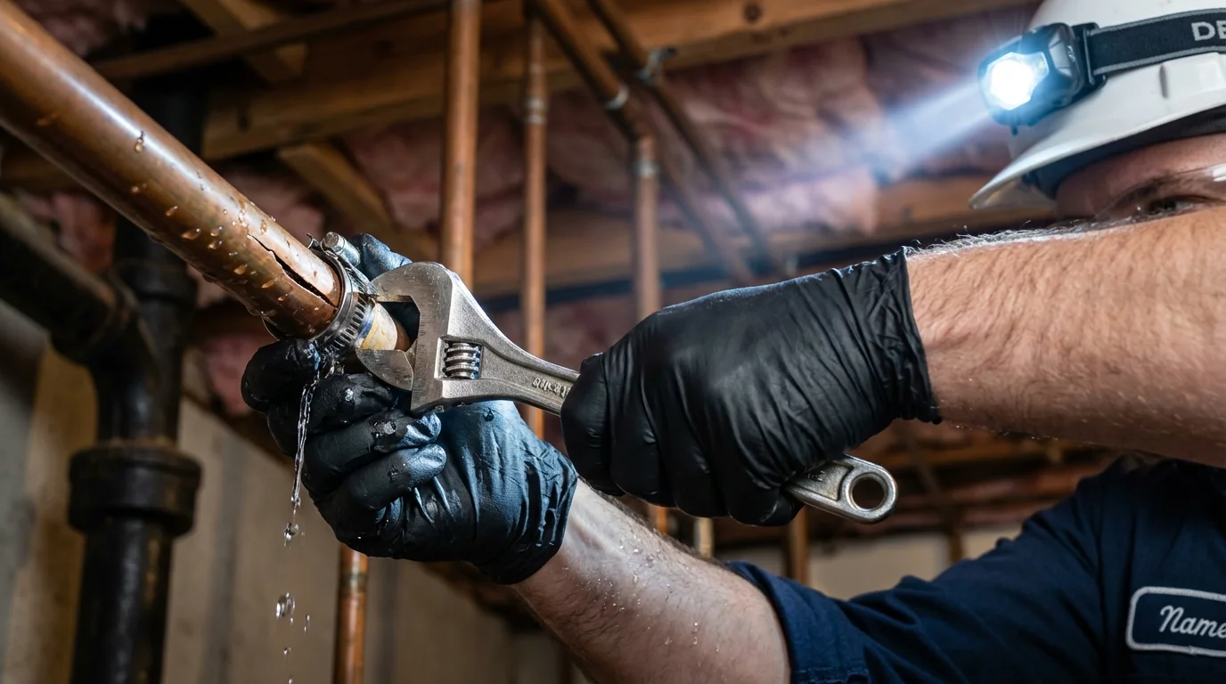 Emergency pipe clamp repair being performed by a Johns Plumbing LLC plumber in West Newton