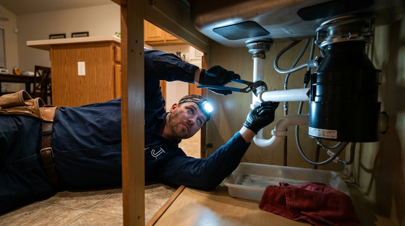 P-trap and supply line connections under a kitchen sink showing a common leak point in West Newton, PA